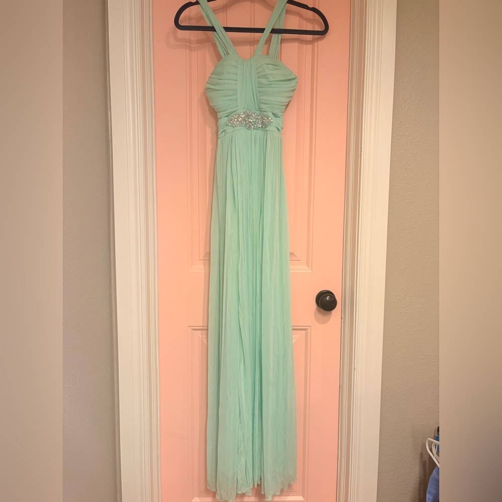 B. Darlin Mint Chiffon Prom Dress Size 1/2 - Beaded Waist - Floor Length Gown